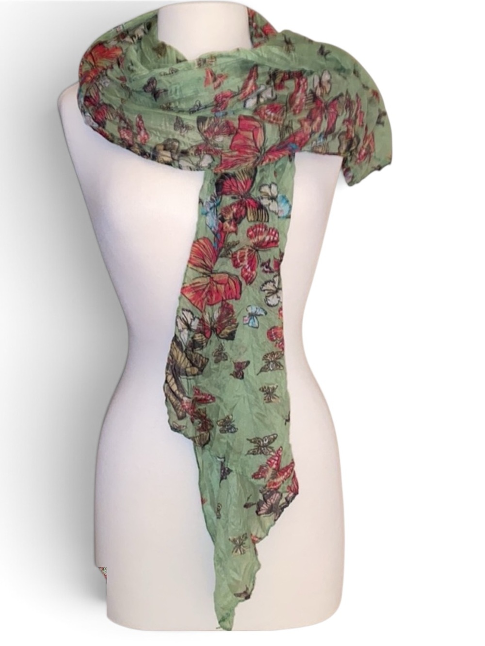 Green Butterfly Floral Crinkle Scarf Wrap Sheer Lightweight Boho
